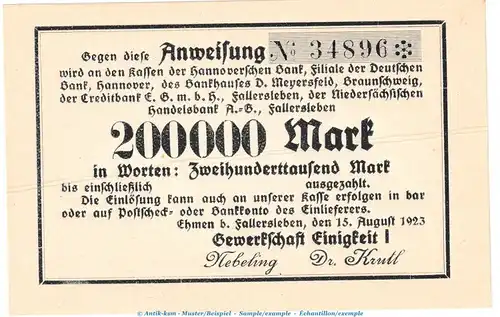 Notgeld Gewerkschaft Ehmen , 200.000 Mark Schein in kfr. Keller 1243.g-L von 1923 , Niedersachsen Inflation