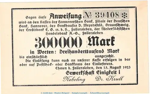 Notgeld Gewerkschaft Ehmen , 300.000 Mark Schein in kfr. Keller 1243.g-L von 1923 , Niedersachsen Inflation