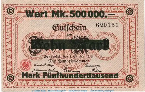Notgeld Handelskammer Osnabrück , 500.000 Mark Schein in kfr. Keller 4207.b o.D. Niedersachsen Inflation