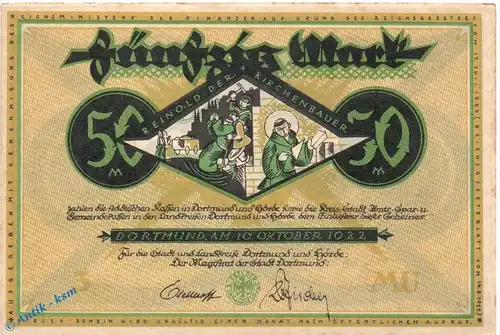 Notgeld Dortmund , 50 Mark Schein in kfr. Kirchenbauer , Müller 1065.13 , 10.10.1922 , Westfalen Großnotgeld