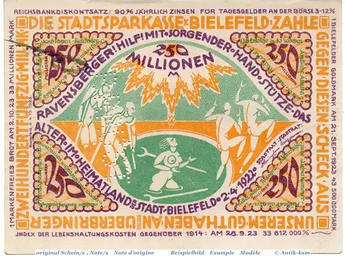 Banknote Bielefeld , P.Rüst 250 Millionen Mark Schein in kfr. Keller 415.e , 04.10.1923 , Westfalen Großnotgeld Inflation