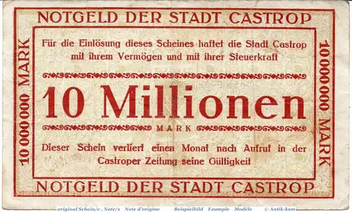 Banknote Castrop , 10 Millionen Mark Schein in gbr. Keller 732.b , 01.09.1923 , Westfalen Großnotgeld Inflation