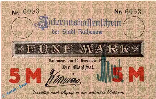 Banknote Rathenow , 5 Mark Schein in kfr. E , Geiger 437.01 , 12.11.1918 , Brandenburg Großnotgeld