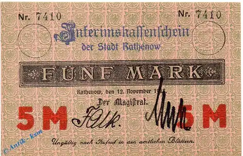 Banknote Rathenow , 5 Mark Schein in kfr. Geiger 437.01 , 12.11.1918 , Brandenburg Großnotgeld