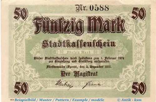 Vorlage GNG Banknote Fürstenwalde , 50 Mark Schein in kfr. Geiger 164.03 , 03.12.1918 , Brandenburg Großnotgeld