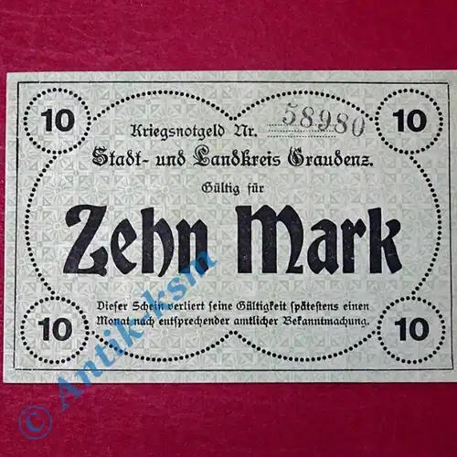 Großnotgeld Graudenz , Stadt und Landkreis , 10 Mark Schein vom 21.10.1918 , Westpreussen