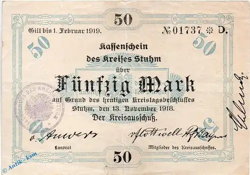 Banknote Stuhm , 50 Mark Schein in gbr. E , Geiger 514.04 , 13.11.1918 , Westpreussen Großnotgeld