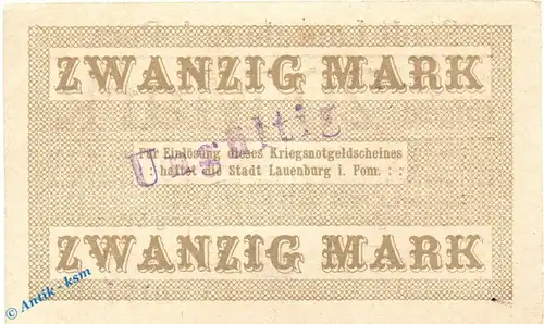 Banknote Lauenburg , 20 Mark Schein in kfr. E , Geiger 310.03.a , 15.11.1918 , Pommern Großnotgeld