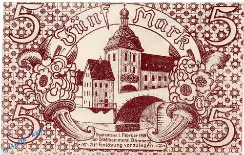Notgeld Bamberg , 5 Mark Schein in kfr. E , Geiger 028.01 , 1918 , Bayern Großnotgeld