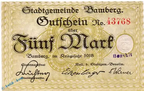 Notgeld Bamberg , 5 Mark Schein in kfr. E , Geiger 028.01 , 1918 , Bayern Großnotgeld