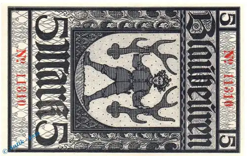 Banknote Blaubeuren , 5 Mark Schein in kfr. Geiger 049.02.a,b , o.D. - 01.08.1919 , Württemberg Großnotgeld