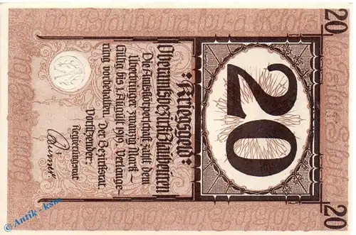 Banknote Blaubeuren , 20 Mark Schein in kfr. Geiger 049.03.a,b , o.D. - 01.08.1919 , Württemberg Großnotgeld