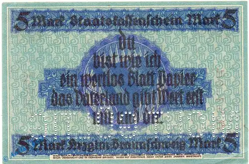 Banknote Braunschweig , 5 Mark Schein in kfr. E , Geiger 059.01.a , 15.10.1918 , Niedersachsen Großnotgeld