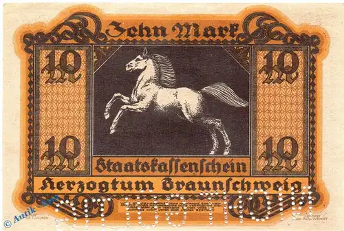Banknote Braunschweig , 10 Mark Schein in kfr. E , Geiger 059.02.a , 15.10.1918 , Niedersachsen Großnotgeld