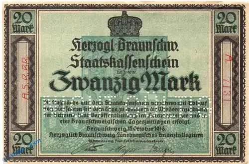 Banknote Braunschweig , 20 Mark Schein in kfr. E , A + Kn , Geiger 059.03.c , 15.10.1918 , Niedersachsen Großnotgeld