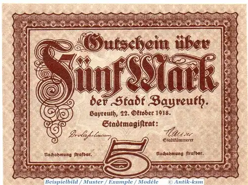 Banknote Bayreuth , 5 Mark Schein in kfr. Geiger 035.01.a , 22.10.1918 , Bayern Großnotgeld