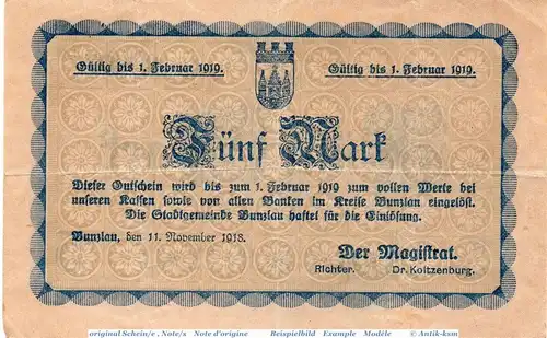 Banknote Bunzlau , 5 Mark Schein in gbr. Geiger 072.01.b , 11.11.1918 , Schlesien Großnotgeld