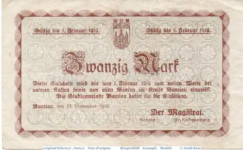 Banknote Bunzlau , 20 Mark Schein in gbr. Geiger 072.02.b , 11.11.1918 , Schlesien Großnotgeld