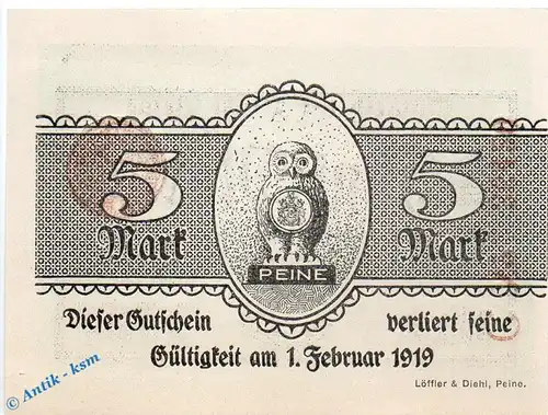 Peine , Notgeld 5 Mark Schein in kfr. Geiger 410.07.b , Niedersachsen 1918 Großnotgeld