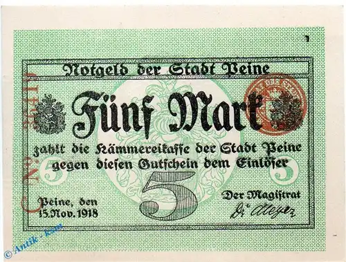 Peine , Notgeld 5 Mark Schein in kfr. Geiger 410.07.b , Niedersachsen 1918 Großnotgeld