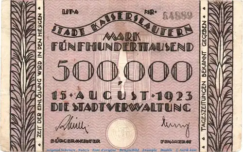 Banknote Stadt Kaiserslautern , 500.000 Mark Schein in gbr. Keller 2541.a , von 1923 , Pfalz Inflation