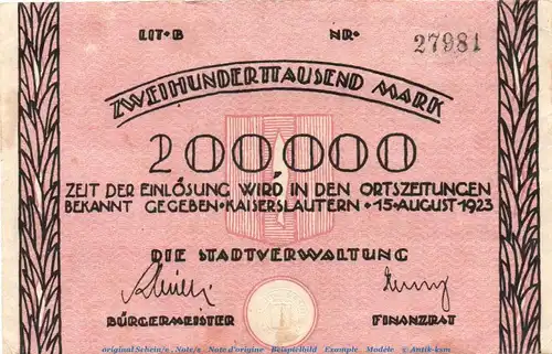 Banknote Stadt Kaiserslautern , 200.000 Mark Schein in gbr. Keller 2541.a , von 1923 , Pfalz Inflation