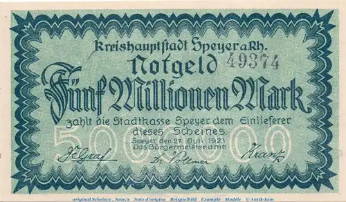Banknote Stadt Speyer , 5 Millionen Mark Schein in kfr. Keller 4834.f , von 1923 , Pfalz Inflation