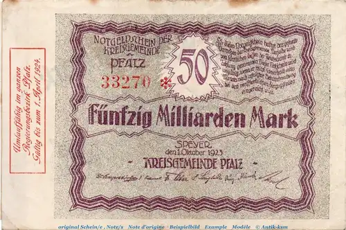 Banknote Kreisgemeinde Speyer , 50 Milliarden Mark in gbr. Keller 4286.d , von 1923 , Pfalz Inflation