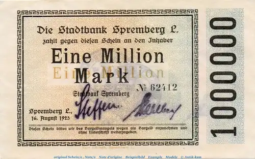 Banknote Stadtbank Spremberg , 1 Million Mark Schein in kfr. Keller 4838.II.L , von 1923 , Brandenburg Inflation