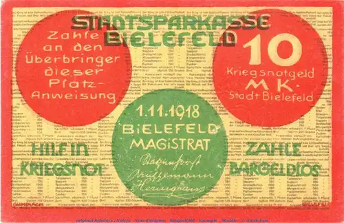 Banknote Stadt Bielefeld , 10 Mark Schein in kfr. Geiger 046.08 , von 1918 , Westfalen Großnotgeld