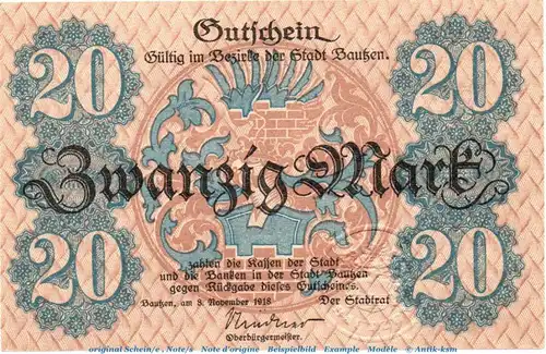 Banknote Stadt Bautzen , 20 Mark Schein in kfr.E , Geiger 030.03 von 1918 , Sachsen Großnotgeld