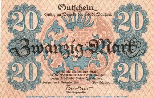 Banknote Stadt Bautzen , 20 Mark Schein in f-kfr.E , Geiger 030.03 von 1918 , Sachsen Großnotgeld
