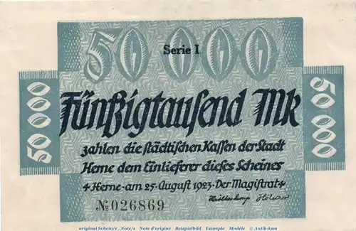 Banknote Stadt Herne , 50.000 Mark Schein in kfr. Keller 2339.i von 1923 , Westfalen Inflation