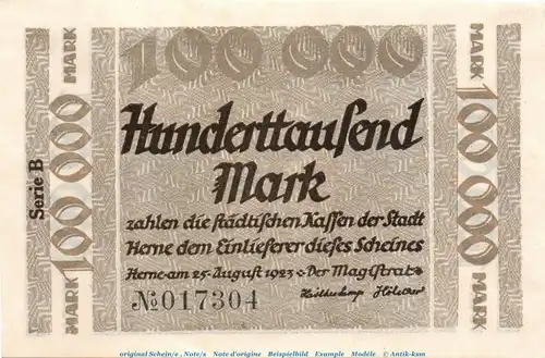 Banknote Stadt Herne , 100.000 Mark Schein in kfr. Keller 2339.k von 1923 , Westfalen Inflation