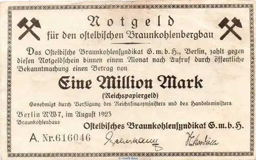 Banknote Braunkohlesyndiakt Berlin , 1 Millionen Mark Schein in gbr. Keller 364.a von 1923 , Brandenburg Inflation