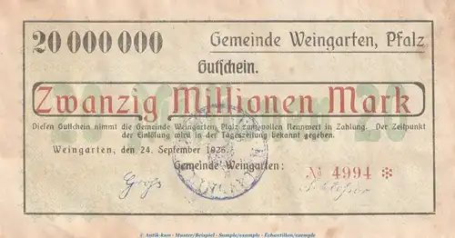 Notgeld Gemeinde Weingarten , 20 Millionen Mark Schein in gbr , Keller 5510. von 1923 , Pfalz Inflation