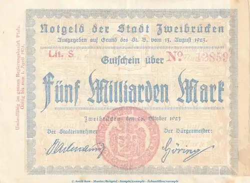 Notgeld Stadt Zweibrücken , 5 Milliarden Mark Schein in gbr. Keller 5829.c von 1923 , Pfalz Inflation