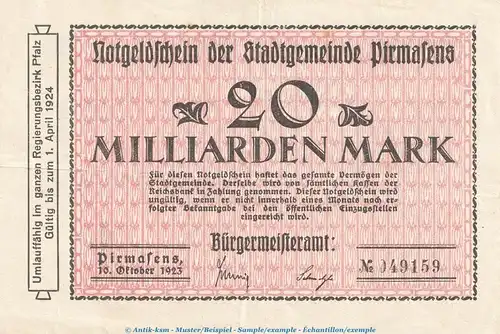 Notgeld Stadt Pirmasens , 20 Milliarden Mark Schein in gbr. Keller 4313.bb von 1923 , Pfalz Inflation