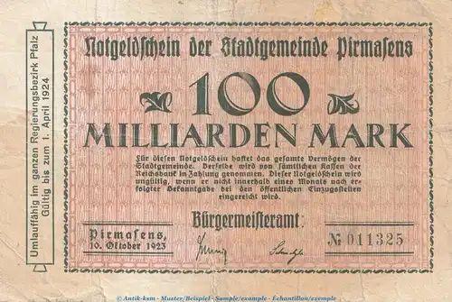 Notgeld Stadt Pirmasens , 100 Milliarden Mark Schein in gbr. Keller 4313.cc von 1923 , Pfalz Inflation