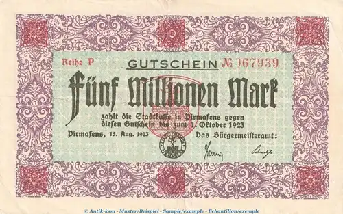 Notgeld Stadt Pirmasens , 5 Millionen Mark Schein in gbr. Keller 4313.k von 1923 , Pfalz Inflation