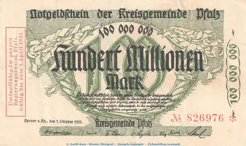 Notgeld Speyer - Kreisgemeinde Pfalz , 100 Millionen Mark Schein in gbr. Keller 4286.d von 1923 , Pfalz Inflation