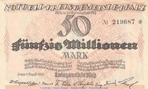 Notgeld Speyer - Kreisgemeinde Pfalz , 50 Millionen Mark Schein in gbr. Keller 4286.b von 1923 , Pfalz Inflation