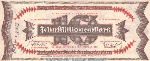 Banknote Stadt Kaiserslautern , 10 Millionen Mark Schein in kfr. Keller 2541.g , von 1923 , Pfalz Inflation