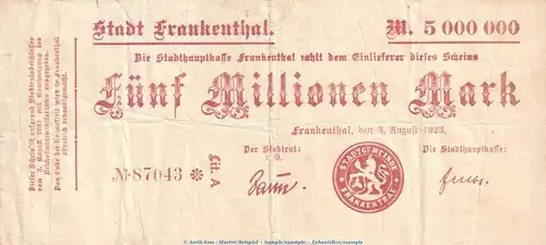 Banknote Frankenthal , 5 Millionen Mark Schein in gbr. Keller 1520.g von 1923 , Pfalz Inflation