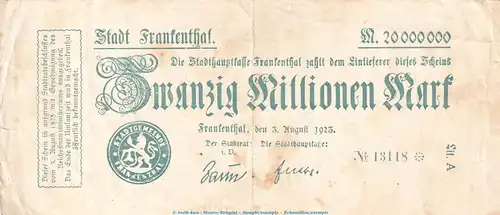 Notgeld Stadt Frankenthal , 20 Millionen Mark Schein in gbr. Keller 1520.g von 1923 , Pfalz Inflation