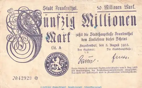 Notgeld Stadt Frankenthal , 50 Millionen Mark Schein in gbr. Keller 1520.g von 1923 , Pfalz Inflation