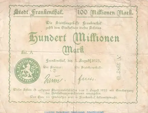 Notgeld Stadt Frankenthal , 100 Millionen Mark Schein in gbr. Keller 1520.g von 1923 , Pfalz Inflation