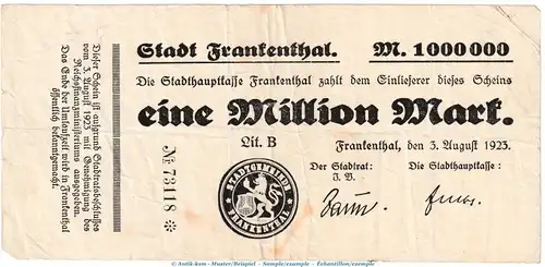 Notgeld Frankenthal , 1 Million Mark Schein in gbr. Keller 1520.e von 1923 , Pfalz Inflation