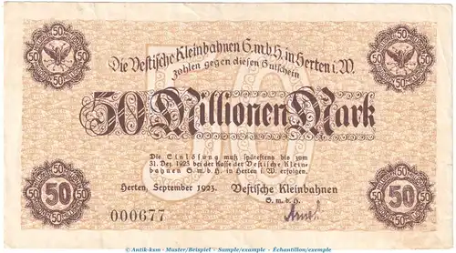 Notgeld v. Kleinbahn Herten , 50 Millionen Mark Schein in gbr. Keller 2358.g von 1923 , Westfalen Inflation