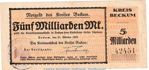 Notgeld Kreis Beckum , 5 Milliarden Mark Schein in gbr. Topp 62.5 von 1923 , Westfalen Inflation